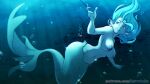  blue_body blue_eyes blue_hair breasts clothed clothing detailed_background exposed_breasts female fin fish_hook hair hi_res humanoid marine membrane_(anatomy) merfolk nipples nurutako scale_(disambiguation) sea solo split_form swimming topless underwater water webbed_ears webbed_hands 