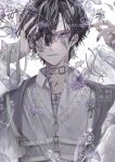  1boy black_hair choker clip_studio_paint_(medium) cover cover_page harness highres jewelry long_sleeves male_focus multicolored_hair necklace original purple_eyes purple_nails purple_theme ring sasame_20 shirt solo white_background white_hair white_shirt 
