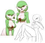  1girl :3 absurdres arms_at_sides bangs blush bob_cut breasts cleavage closed_mouth collarbone colored_skin commentary cowboy_shot cropped_torso english_commentary full_body gardevoir green_hair green_skin hair_between_eyes hair_over_one_eye half-closed_eyes hands_up highres invisible_chair knees_together_feet_apart large_breasts leaning_forward legs looking_at_viewer multicolored_skin multiple_views one_eye_covered partially_colored pokemon pokemon_(creature) red_eyes shiny shiny_hair short_hair simple_background sitting tongue tongue_out two-tone_skin upper_body white_background white_skin yawar 