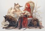  1girl 4others black_footwear blonde_hair book chair commentary_request fighting_stance holding holding_book hood little_red_riding_hood little_red_riding_hood_(grimm) long_hair looking_at_another mouth_hold multiple_others quill ready_to_draw rug sitting sleeping white_background white_wolf wolf yoshioka_(haco) 