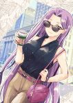  1girl alternate_costume amato_nagi black_shirt breasts buttons city coffee_cup cup disposable_cup dutch_angle fate_(series) forehead hand_up highres holding holding_cup long_hair looking_at_viewer medusa_(fate) medusa_(rider)_(fate) purple_eyes purple_hair shirt sleeveless sleeveless_shirt solo sunglasses very_long_hair 