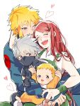  1girl 3boys ;) arm_around_neck awarinko baby bangs blonde_hair blue_eyes blush closed_eyes commentary_request facial_mark father_and_son hair_ornament hairclip hatake_kakashi heart highres husband_and_wife long_hair mask mother_and_son mouth_mask multiple_boys namikaze_minato naruto naruto_(series) ninja one_eye_closed open_mouth red_hair shiny shiny_hair sleeveless smile spiked_hair uzumaki_kushina uzumaki_naruto very_long_hair whisker_markings wristband zipper_pull_tab 