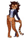  2022 anthro bodily_fluids bottomless breasts brown_spots cheetah clothed clothing digital_media_(artwork) felid feline female fur genital_fluids genitals mammal orange_body orange_fur pussy pussy_juice simple_background smile solo spots stephie_(fraydia1) theblueberrycarrots white_background 