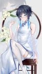  1boy androgynous black_hair blue_eyes blue_hair braid china_dress chinese_clothes dress flower genshin_impact male_focus multicolored_hair otoko_no_ko qutianjin short_braid sitting solo stool twin_braids venti_(genshin_impact) white_flower 