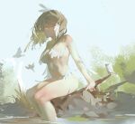  1girl animal bird breasts brown_eyes brown_hair closed_mouth commentary feathers floating_hair highres long_hair looking_away medium_breasts original ribao sitting soaking_feet solo symbol-only_commentary water white_feathers 