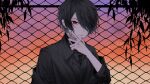  1boy black_hair black_shirt black_theme collared_shirt ear_piercing finger_piercing gate hair_over_one_eye highres leaf long_sleeves male_focus nail_polish one_eye_covered original piercing red_eyes shirt short_hair solo sunset yoh-cha 