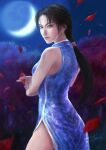  1girl back bangs bare_shoulders black_hair blue_dress breasts china_dress chinese_clothes collared_dress crescent_moon crossed_arms dated dress falling_leaves highres holding holding_leaf hong_xiu_ying kohji leaf lips long_hair looking_at_viewer looking_back low_ponytail moon moonlight night outdoors parted_bangs patterned_clothing pelvic_curtain shenmue shenmue_ii side_slit sidelocks signature sky solo standing star_(sky) starry_sky thighs tree 