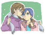  1boy 1girl blue_eyes blue_shirt blush braid coat couple duo_maxwell eye_contact grey_scarf gundam gundam_wing hetero hilde_schbeiker long_hair long_sleeves looking_at_another odamaki_(260574) pink_coat scarf shared_clothes shared_scarf shirt short_hair single_braid snowing solo upper_body 