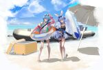  2girls absurdres alternate_costume assault_rifle beach beach_umbrella blue_eyes blue_hair carrot_hair_ornament cloud cloudy_sky cooler eyebrows_hidden_by_hair eyewear_on_head food-themed_hair_ornament gun hair_ornament highres holding holding_gun holding_weapon hololive hoshimachi_suisei kiriyama long_hair looking_at_viewer multiple_girls rabbit_girl rifle short_eyebrows sky smile thick_eyebrows umbrella usada_pekora v virtual_youtuber weapon 