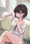  1girl arm_rest bandaid bandaid_on_hand bangs bare_legs blue_eyes blush braid breasts brown_hair calendar_(object) collarbone colored_inner_hair couch crossed_legs cup disposable_cup drink drinking_straw_in_mouth earrings feet_out_of_frame hair_behind_ear highres holding holding_drink indoors jewelry looking_at_viewer loose_clothes loose_shirt multicolored_hair on_couch original otsu_hai18 shirt short_hair short_sleeves sidelocks single_bare_shoulder sitting small_breasts solo stud_earrings swept_bangs thighs white_shirt 