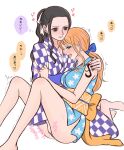  2girls bangs black_hair blush breasts clothed_female_nude_female collarbone earrings fingering full_body heart hoshi_sksm japanese_clothes jewelry kimono kiss long_hair multiple_girls nami_(one_piece) nico_robin nude one_piece open_mouth orange_hair saliva saliva_trail sweat tattoo thighs trembling_legs yuri 