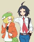  1boy 1girl adjusting_another&#039;s_clothes adjusting_clothes adjusting_headwear bag bianca_(pokemon) black_hair blonde_hair blue_eyes breast_pocket cheren_(pokemon) collared_shirt green_eyes hand_in_pocket hat highres looking_at_another necktie open_mouth pocket pokemon pokemon_(game) pokemon_bw2 shirt xtransceiver yo_mo 