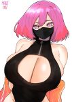  arms_behind_back artist_name bare_shoulders black_leotard breasts cleavage cleavage_cutout clothing_cutout collarbone hair_between_eyes head_tilt highleg highleg_leotard highres huge_breasts jacket jacket_partially_removed leotard looking_at_viewer mask medium_hair mouth_mask norman_maggot original purple_eyes purple_hair sideboob simple_background skindentation sleeveless track_jacket upper_body white_background 