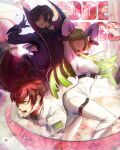  1girl 2boys absurdres arms_up bangs bodysuit breasts brown_hair c.c. character_request code_geass copyright_name geass gloves green_eyes green_hair grin headset highres instagram_username lelouch_lamperouge multiple_boys open_mouth order_of_the_black_knights_uniform red_hair short_hair smile stephengiannart twitter_username watermark white_bodysuit yellow_eyes 