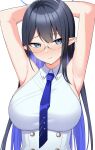  1girl armpits arms_behind_head arms_up bangs black_hair blue_archive blue_eyes blue_hair blue_necktie blush breasts collared_shirt colored_inner_hair glasses halo heavy_breathing highres large_breasts long_hair multicolored_hair necktie pointy_ears rin_(blue_archive) shirt sleeveless solo tennen_inari 
