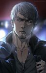  1boy bangs black_jacket blurry blurry_background cigarette damien_v_grimm facial_hair grey_hair grey_shirt highres jacket kiryuu_kazuma male_focus open_clothes open_jacket ryuu_ga_gotoku ryuu_ga_gotoku_8 shirt short_hair solo twitter_username upper_body 