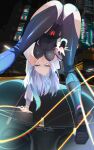  1girl bangs bare_shoulders blue_eyes bodysuit breasts chromatic_aberration cyberpunk_edgerunners da_(datako) firing gun highres impossible_bodysuit impossible_clothes large_breasts looking_at_viewer lucy_(cyberpunk_edgerunners) open_clothes short_hair solo swimsuit weapon 