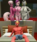  anthro barely_visible_genitalia bed big_macintosh_(mlp) bottomless bottomwear cheerilee_(mlp) clothed clothing corset cutie_mark daveman1000 earth_pony equid equine female friendship_is_magic furniture genitals group hi_res horn horse legwear lingerie male male/female mammal my_little_pony nipples on_bed pony pussy shorts sitting sitting_on_bed smile stockings sugar_belle_(mlp) topwear unicorn zebra zecora_(mlp) 