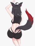 1girl ahoge animal_ears anus arm_up ass back breasts coubalty crop_top fox_ears fox_shadow_puppet fox_tail from_behind grey_background highres hololive kurokami_fubuki medium_hair shorts sideboob simple_background solo tail twitter_username virtual_youtuber 