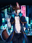  anthro ariverofstars aura_(aurathedanishhusky) belly_tattoo blue_eyes brown_body brown_fur brown_hair canid canine canis city city_background city_skyline cityscape cloak clothed clothing collar cybernetic_arm cybernetic_eye cybernetic_limb cyberpunk digital_media_(artwork) domestic_dog ear_piercing fluffy fluffy_chest fluffy_ears fluffy_tail fur glowing glowing_eyes hair hi_res husky looking_at_viewer male mammal mechanical_arm mechanical_eye nordic_sled_dog piercing police police_uniform riverofstars security simple_background solo solo_focus spitz tattoo thathuskyaura uniform watermark 