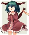  1girl ahoge animal_ears ar_(maeus) blush border dog_ears dress fang green_hair highres kasodani_kyouko long_sleeves o_o open_mouth out_of_frame pleated_dress short_hair simple_background surprised tail tail_grab touhou 