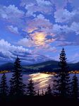  city_lights cloud cloudy_sky english_commentary jubilee_(8px) lake landscape moon moonlight mountain mountainous_horizon night night_sky no_humans original pine_tree pixel_art scenery sky star_(sky) tree 