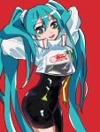  1girl aqua_eyes aqua_hair arms_up ass asymmetrical_bodysuit bangs black_bodysuit bodysuit crop_top crop_top_overhang cropped_jacket from_side goodsmile_racing hair_between_eyes hairpods hatsune_miku highres long_hair long_sleeves looking_at_viewer looking_to_the_side open_mouth puffy_long_sleeves puffy_sleeves racing_miku racing_miku_(2022) red_background see-through shiny shiny_clothes shrug_(clothing) sidelocks simple_background standing sugarmonaka twintails very_long_hair vocaloid 