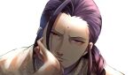  1boy ahoge braid closed_mouth facial_mark feng_(undead_unluck) forehead_mark half-closed_eyes hand_up highres looking_at_viewer male_focus purple_eyes purple_hair ranran_art simple_background spoilers undead_unluck upper_body white_background 