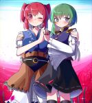  2girls ;) asymmetrical_hair black_skirt black_socks blue_eyes blue_kimono bright_pupils closed_mouth cowboy_shot epaulettes green_hair hand_on_another&#039;s_shoulder highres holding_hands japanese_clothes kimono long_sleeves looking_at_viewer multiple_girls one_eye_closed onozuka_komachi red_eyes red_hair red_nails ribbon-trimmed_skirt ribbon_trim sash shiki_eiki short_hair short_sleeves skirt smile socks spam_(spamham4506) standing touhou two_side_up white_pupils 
