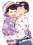  2boys alternate_costume black_eyes black_hair glasses hat himoshiki hug jacket looking_at_viewer male_focus matsuno_ichimatsu matsuno_karamatsu multiple_boys one_eye_closed open_mouth osomatsu-san short_hair siblings smile twins white_background 