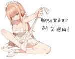  1girl apron bags_under_eyes barefoot breasts cleavage closed_eyes countdown feet full_body highres komaro-chan large_breasts long_hair low_ponytail maid_apron maid_headdress muchi_maro muchimaro-chan naked_apron pink_hair removing_legwear seitokai_nimo_anawa_aru! simple_background sitting solo thighhighs undressing white_background white_thighhighs 