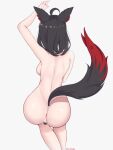  1girl ahoge animal_ears anus arm_up ass back breasts censored completely_nude coubalty fox_ears fox_shadow_puppet fox_tail from_behind grey_background heart heart_censor highres hololive kurokami_fubuki medium_hair nude pussy sideboob simple_background solo tail twitter_username virtual_youtuber 