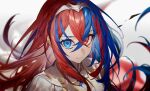  1girl alear_(fire_emblem) alear_(fire_emblem)_(female) armor bangs blue_eyes blue_hair braid breasts crossed_bangs crown_braid fire_emblem fire_emblem_engage hair_between_eyes hair_flowing_over hair_spread_out headpiece heterochromia highres itou_(very_ito) long_hair multicolored_hair red_eyes red_hair smile solo tiara two-tone_hair very_long_hair 