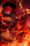  1boy bangs black_bodysuit bodysuit bone broken_bone cape commentary_request elbow_gloves family_crest fate/grand_order fate_(series) fire full_body gloves gold_trim hi_(wshw5728) high_heels highres holding holding_skull long_hair looking_at_viewer low_ponytail male_focus mask mouth_mask oda_nobukatsu_(fate) oda_uri official_alternate_costume official_alternate_hair_color ponytail red_cape red_eyes red_hair red_theme sidelocks skeleton skull solo twitter_username 