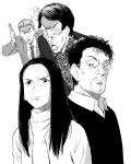  1girl 3boys character_request comb facial_hair frown glasses goatee greyscale hair_slicked_back highres jinou_rakugaki long_hair monochrome multiple_boys open_mouth parody style_parody surprised trick_(dorama) turtleneck ueda_jirou urasawa_naoki_(style) yabe_kenzo yamada_naoko_(trick) 