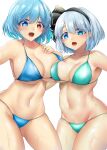  2girls absurdres bangs bikini blue_eyes blue_hair bob_cut breasts heterochromia highres konpaku_youmu large_breasts multiple_girls navel poke200 red_eyes short_hair swimsuit tatara_kogasa touhou white_hair 