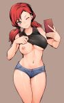  1girl absurdres bare_arms breasts covered_nipples cowboy_shot highres holding holding_phone kinoseihunmatsu micro_shorts navel nipples one_breast_out one_eye_closed original phone red_hair selfie shorts solo standing twintails 