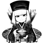  1girl bangs blunt_bangs breasts cup disembodied_limb fate/grand_order fate_(series) ghost_hands gradient_hair greyscale hat highres japanese_clothes kimono long_sleeves looking_at_viewer medium_hair monochrome multicolored_hair sen_no_rikyu_(fate) small_breasts smile solo solo_focus tea tulxe wide_sleeves yunomi 