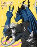  4:5 anthro blue_body blue_eyes claws colored comic cover cover_art cover_page dialogue dragon dreadnought_(nuree_art) duo eyelashes fangs female grey_body hi_res horn male nuree_art reevah_(nuree_art) scalie silver_body speech_bubble spikes western_dragon white_body wings 