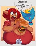  2022 anthro big_breasts blonde_hair blue_body blue_fur bovid breasts burger caprine clothing collar daiidalus dialogue domestic_cat duo english_text eyes_closed felid feline felis female food fur hair hi_res holding_burger holding_food holding_object horn huge_breasts humanoid_pointy_ears katy_kat lammy_lamb mammal meat nipple_outline open_mouth parappa_the_rapper red_hair sharp_teeth sheep shirt short_hair sony_corporation sony_interactive_entertainment speech_bubble spiked_collar spikes t-shirt teeth text topwear um_jammer_lammy upper_body video_games watermark 