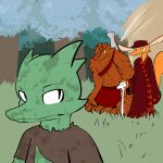  anthro bottomwear cane clothed clothing digital_drawing_(artwork) digital_media_(artwork) dirty fen_(lagotrope) fluffy fluffy_tail fur furred_kobold grass green_body green_skin group hat headgear headwear horn kobold lagotrope lizard long_ears looking_back male melee_weapon mountain_kobold orange_body orange_fur orange_scales outside plant reptile robe scales scalie shirt shup skirt story story_at_source story_in_description sword tgchan topless topwear tree trio weapon 