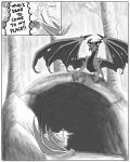  angry black_and_white claws comic comic_panel dialogue dragon dreadnought_(nuree_art) duo female feral forest hi_res horn lair leaf line_art male monochrome nature nuree_art outside plant reevah_(nuree_art) rock scalie sketch speech_bubble spikes surprise tree tunnel western_dragon wings wood 