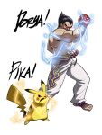  1boy black_hair brown_eyes electricity highres male_focus mishima_kazuya open_mouth pants pikachu pokemon pokemon_(creature) pokemon_(game) pokken_tournament scar short_hair smile super_smash_bros. tekken tina_fate 