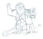  2022 alligator alligatorid anthro bottomwear boxing_gloves boxing_shorts brok_(character) brok_the_investigator clothing crocodilian domestic_cat duo embrace eyes_closed felid feline felis graff_filsh handwear hi_res hoodie hug humanoid_hands male mammal pants reptile scalie scar scruffydraws shorts simple_background topwear video_games 