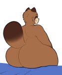  anthro bedding big_butt brown_body butt canid canine clenched_teeth digitalpelican grin hi_res huge_butt joey_(digitalpelican) looking_back male mammal nude overweight overweight_anthro overweight_male presenting presenting_hindquarters raccoon_dog sitting smile solo tanuki teeth 