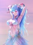  1girl alternate_costume armlet armpits arms_up bangs bikini blue_hair breasts cleavage commentary_request curled_horns fire_emblem fire_emblem_heroes flower freyja_(fire_emblem) goat_horns hair_between_eyes hair_flower hair_ornament highres horns jewelry large_breasts long_hair looking_at_viewer navel official_alternate_costume orange_sky outdoors pink_eyes pink_flower plant red_horns sidelocks sky solo stomach swimsuit t_misaomaru vines white_bikini 