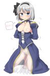  1girl arms_behind_back artoria_pendragon_(fate) bangs barefoot black_bow black_hairband blue_dress blue_eyes blue_sleeves blush bow bow_hairband breasts breasts_out censored commentary cosplay dot_nose dress fate_(series) flying_sweatdrops ghost hairband highres kneeling konpaku_youmu long_sleeves looking_at_viewer medium_breasts nipples novelty_censor puffy_sleeves pussy saber saber_(cosplay) short_hair simple_background solo speech_bubble thighs touhou trembling white_background white_hair youmu-kun 