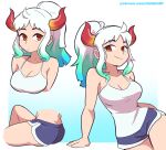  1girl arm_support bare_arms breasts brown_eyes cleavage closed_mouth dashi gradient_hair green_hair highres horns long_hair multicolored_hair one_piece orange_eyes ponytail red_horns shirt short_shorts shorts sidelocks sleeveless sleeveless_shirt smile solo two-tone_hair white_hair white_shirt yamato_(one_piece) 