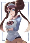  1girl black_pantyhose blue_eyes blush bow double_bun doughnut_hair_bun hair_bun hand_on_own_chin highres legwear_under_shorts long_hair looking_at_viewer pantyhose pantyhose_under_shorts pink_bow pokemon pokemon_(game) pokemon_bw2 pokemon_masters_ex raglan_sleeves rosa_(pokemon) short_shorts shorts solo stroking_own_chin tokumaro twintails very_long_hair visor_cap yellow_shorts 