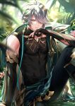  1boy absurdres alhaitham_(genshin_impact) antenna_hair bangs blurry blurry_background cape closed_mouth commentary_request covered_navel depth_of_field detached_sleeves elbow_gloves flower gem genshin_impact gloves green_gemstone grey_hair hair_between_eyes hair_over_one_eye headphones highres male_focus muscular muscular_male outdoors parted_lips partially_fingerless_gloves pectorals pink_flower short_hair shoulder_cape sitting solo sweat swept_bangs toned toned_male water wingtemple 